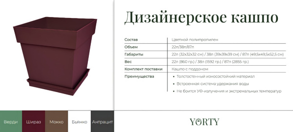 Дизайнерское кашпо 22 л YORTY , верди (мятный)